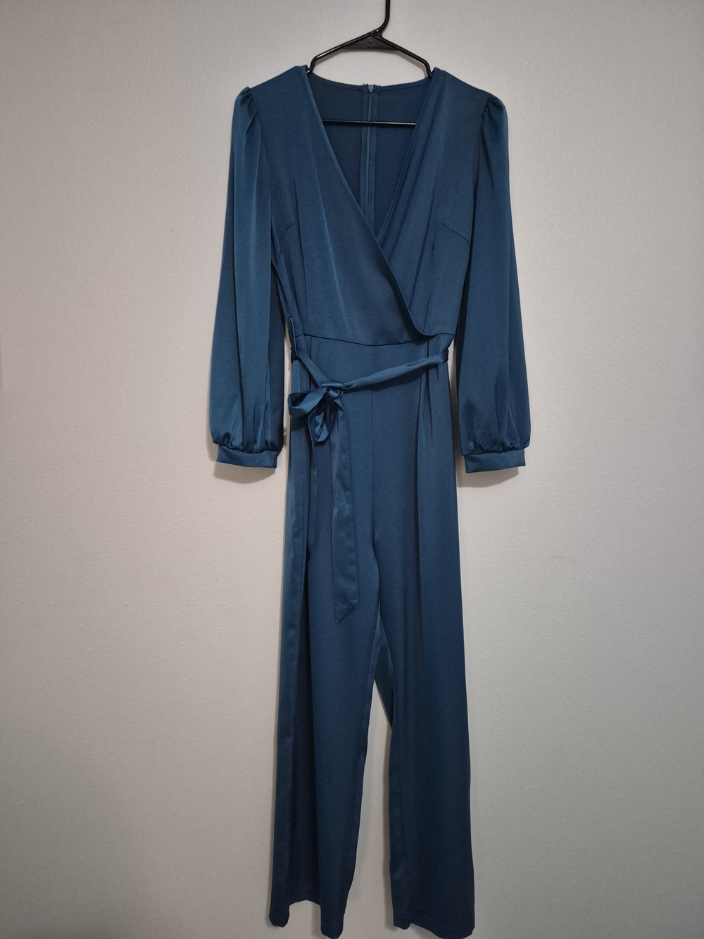 Teal Long Sleeve Wrap Jumpsuit with Waist Tie